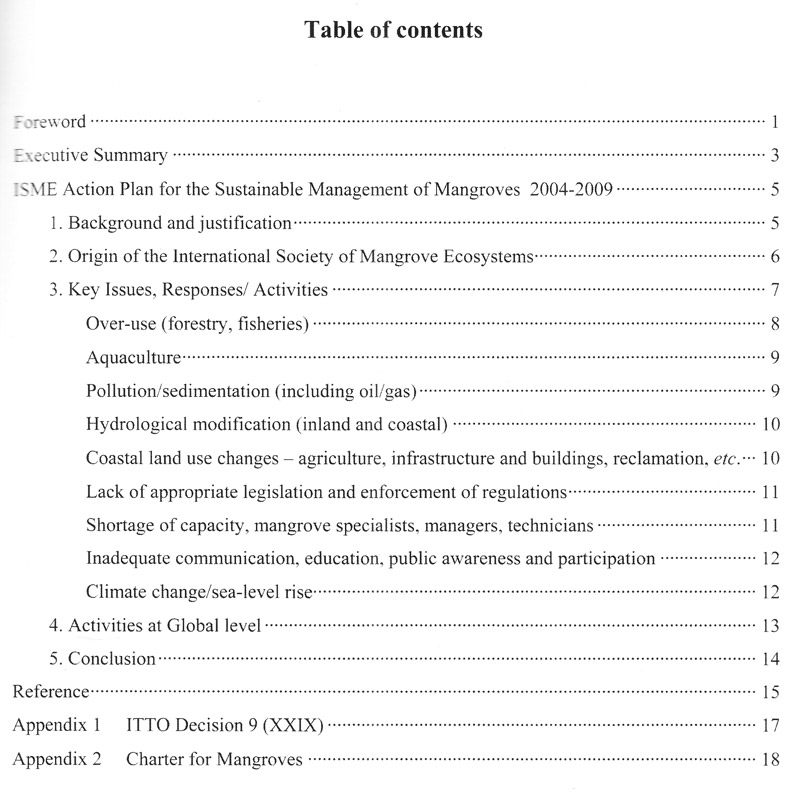 ISME Mangrove Action Plan for the sustainable management of mangroves 2004-2009 - inhaltsverzeichnis